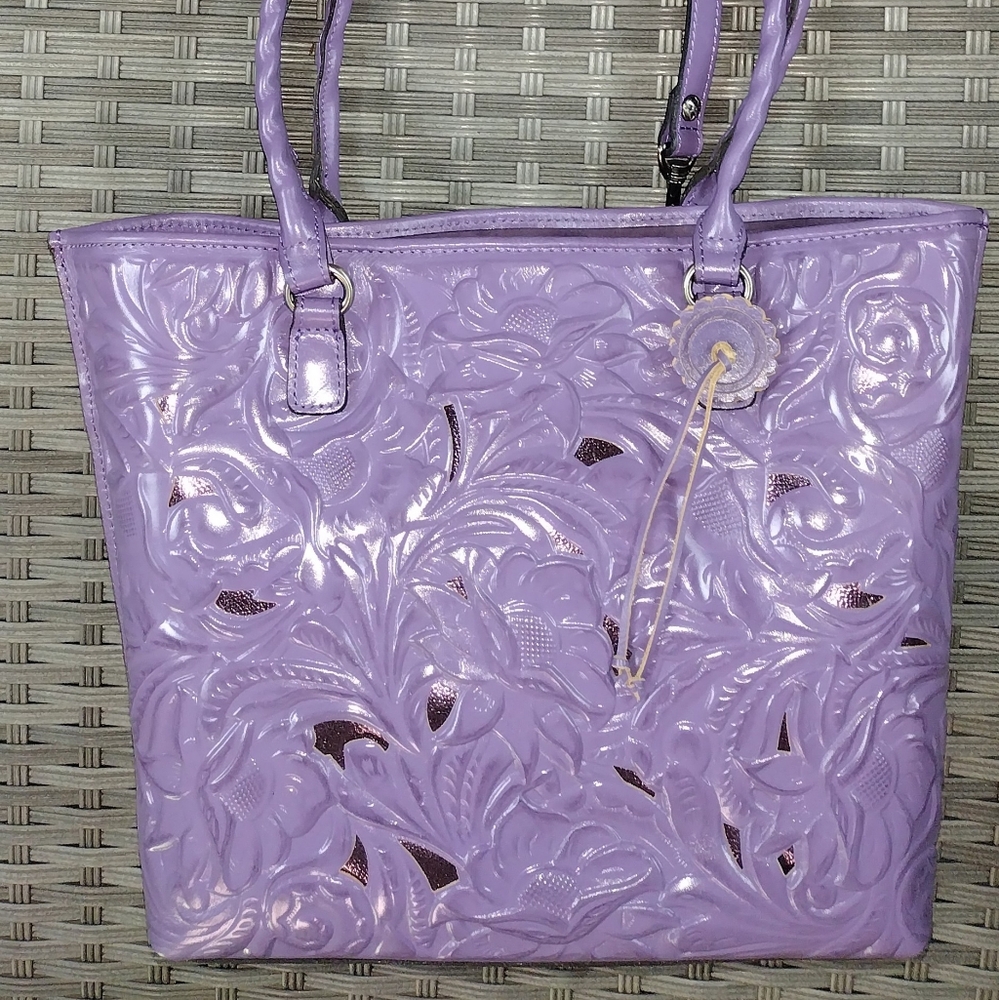 Patricia Nash Purple Leather Tote with Embossed Floral Design